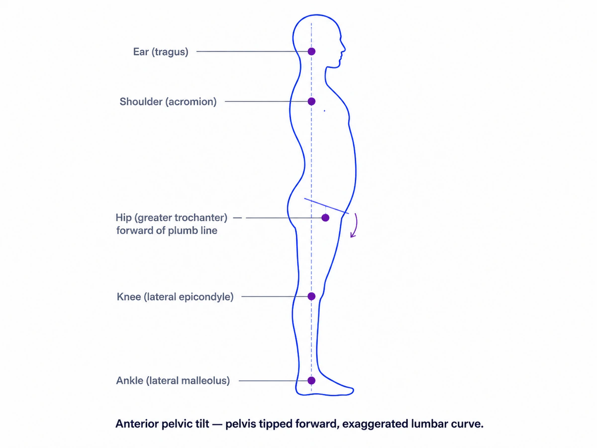 Side view showing anterior pelvic tilt with pronounced lower-back arch and forward-tilted waistline