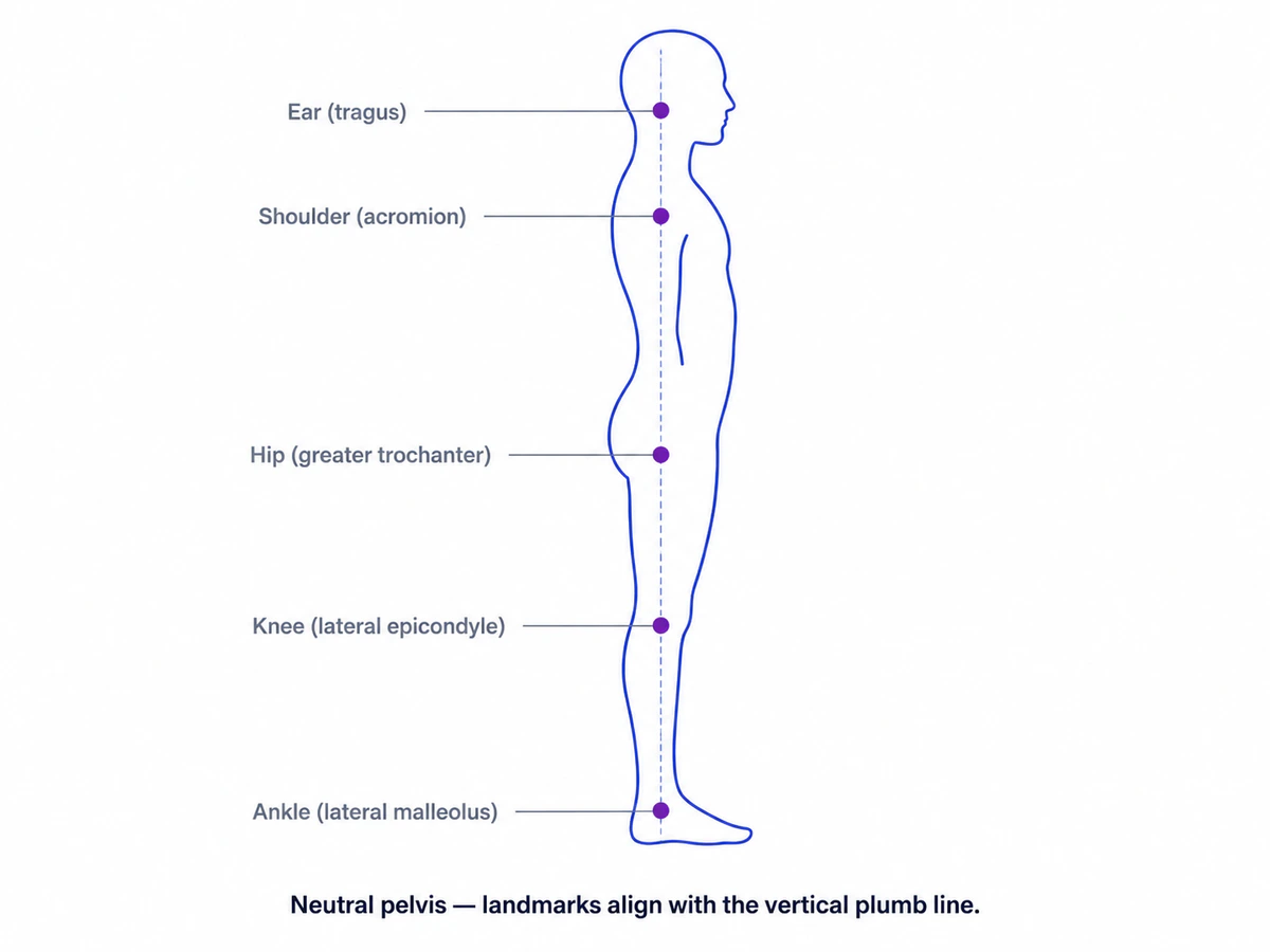 Side view of neutral standing posture with anatomical landmarks aligned along a vertical plumb line