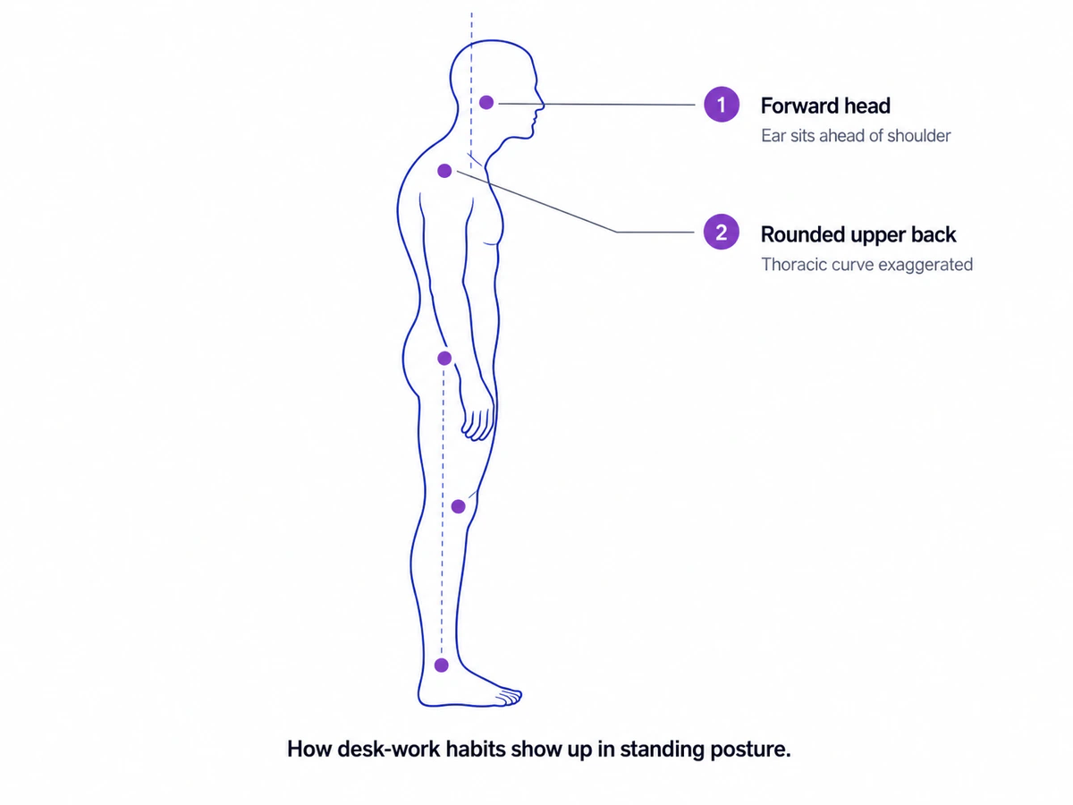 Side view of a standing desk worker's posture with forward head and rounded upper back annotated