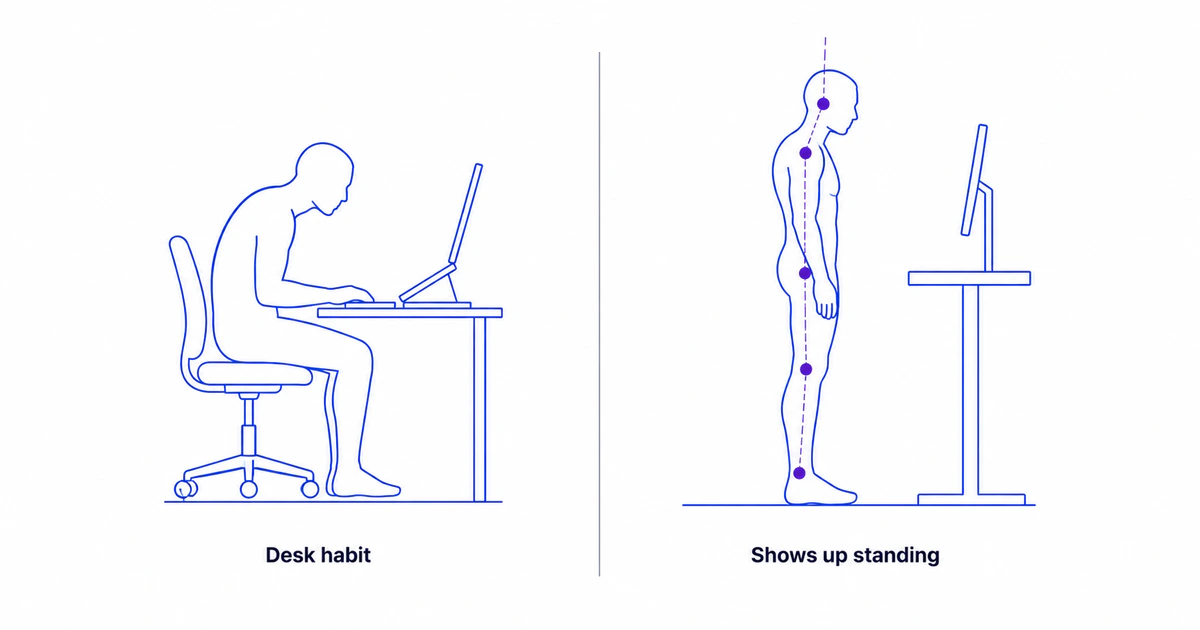 A person seated at a desk showing typical desk-work posture next to their reinforced standing posture pattern