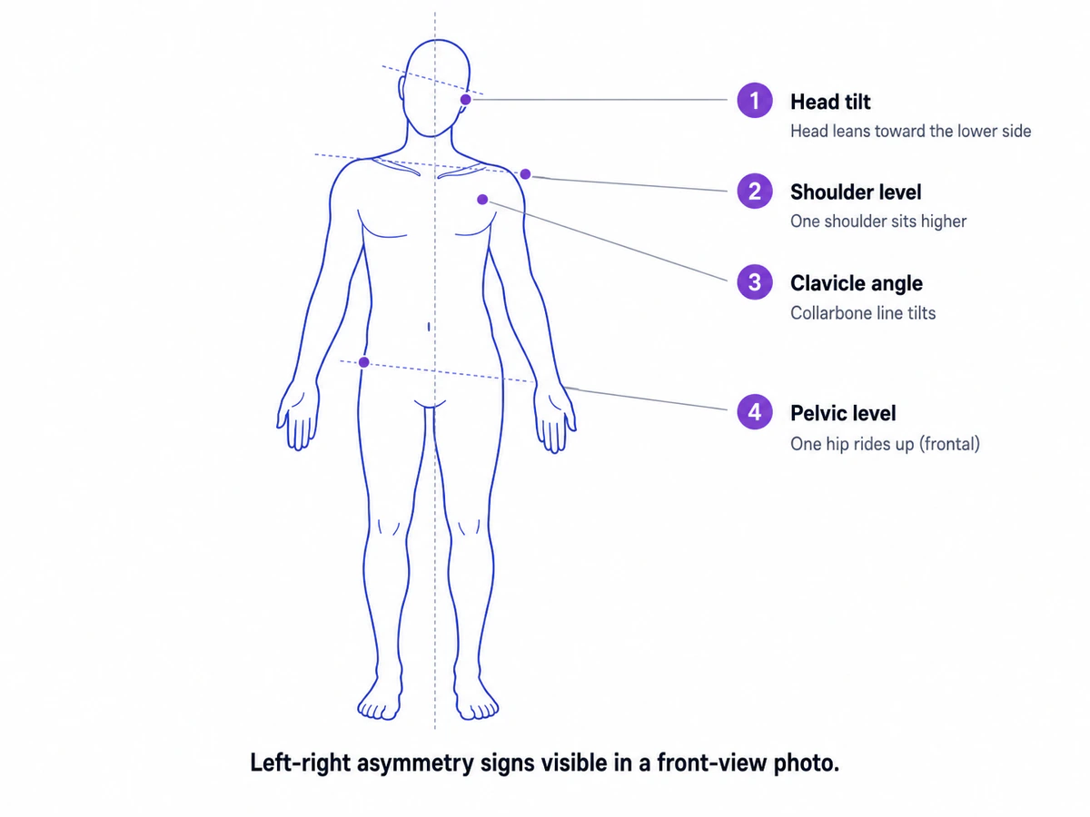 Front view of a body with annotated asymmetry signs: head tilt, shoulder level, clavicle angle, and pelvic level