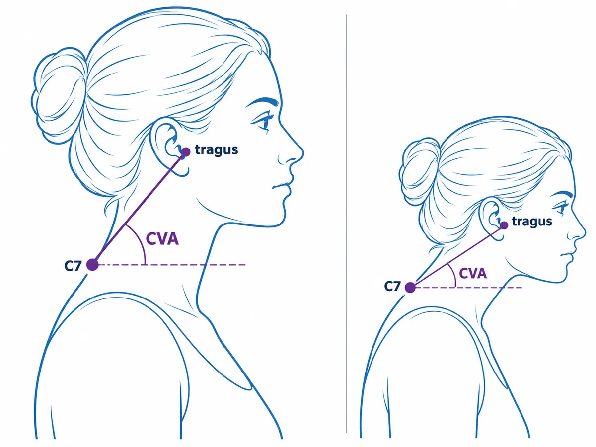 Side view of a person's head, neck and upper back. A marker sits on the bony bump at the base of the neck, labelled C7, and another on the small flap in front of the ear, labelled tragus. A line joins them, a dashed horizontal line runs through C7, and the angle between the two lines is labelled CVA. A smaller second figure with the head further forward shows a smaller angle.