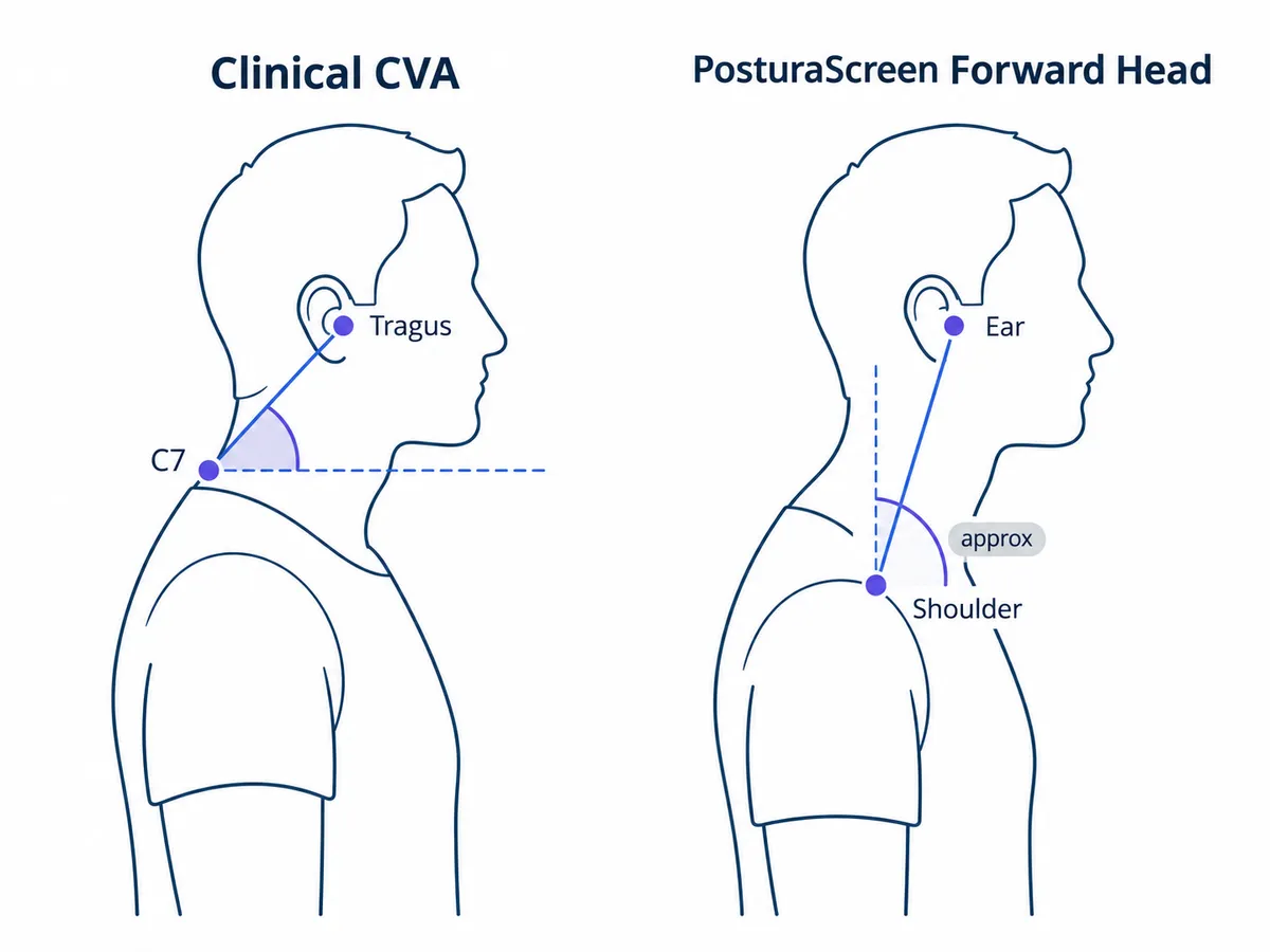 Two side-view drawings of the same head and shoulders. Left: the craniovertebral angle, between a horizontal line through C7 and the line from C7 to the tragus. Right: PosturaScreen's Forward Head angle, between a vertical line through the shoulder keypoint and the line from the shoulder keypoint to the ear keypoint, labelled approx.