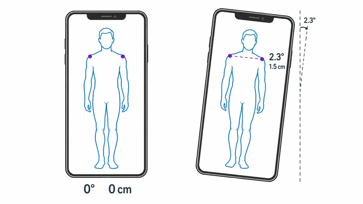 Two front-view diagrams of the same person with level shoulders. In the left frame the phone is level and the shoulder line reads 0 degrees and 0 cm. In the right frame the phone is tilted 2.3 degrees and the same shoulder line reads 2.3 degrees and 1.5 cm