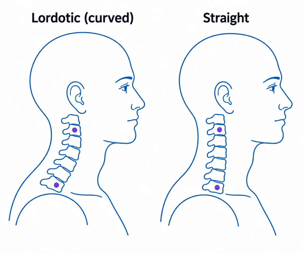 Two side views of the neck: a normal forward cervical curve and a straight neck.