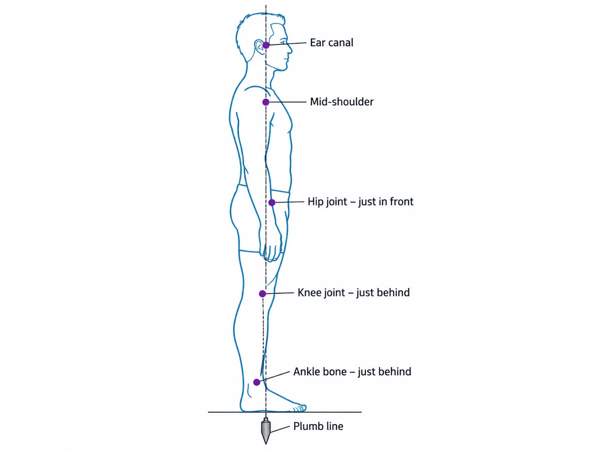 Side-view line drawing of a standing person with a dashed vertical plumb line. Labelled checkpoints from top to bottom: ear canal on the line, mid-shoulder on the line, hip joint just in front of the line, knee joint just behind the line, ankle bone just behind the line