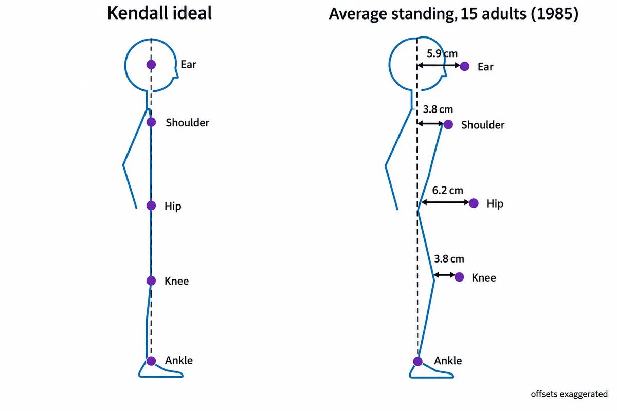 Two side-view stick figures. Left, labelled Kendall ideal: ear, shoulder, hip, knee and ankle points sit on or just beside one dashed vertical line. Right, labelled Average standing, 15 adults (1985): a dashed vertical line rises from the ankle point, and the knee sits 3.8 cm, the hip 6.2 cm, the shoulder 3.8 cm and the ear 5.9 cm in front of it