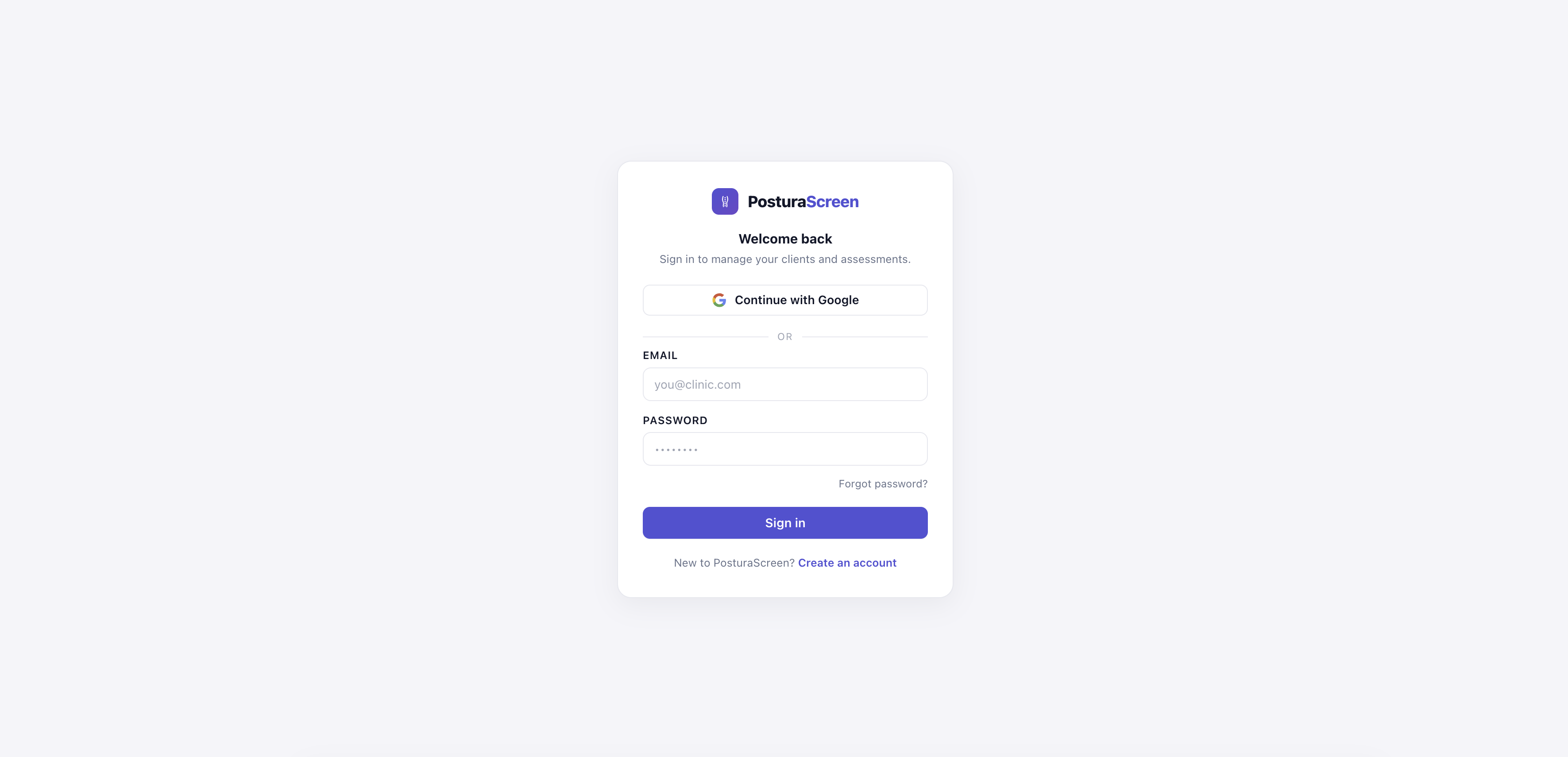PosturaScreen sign-in screen at app.posturascreen.com