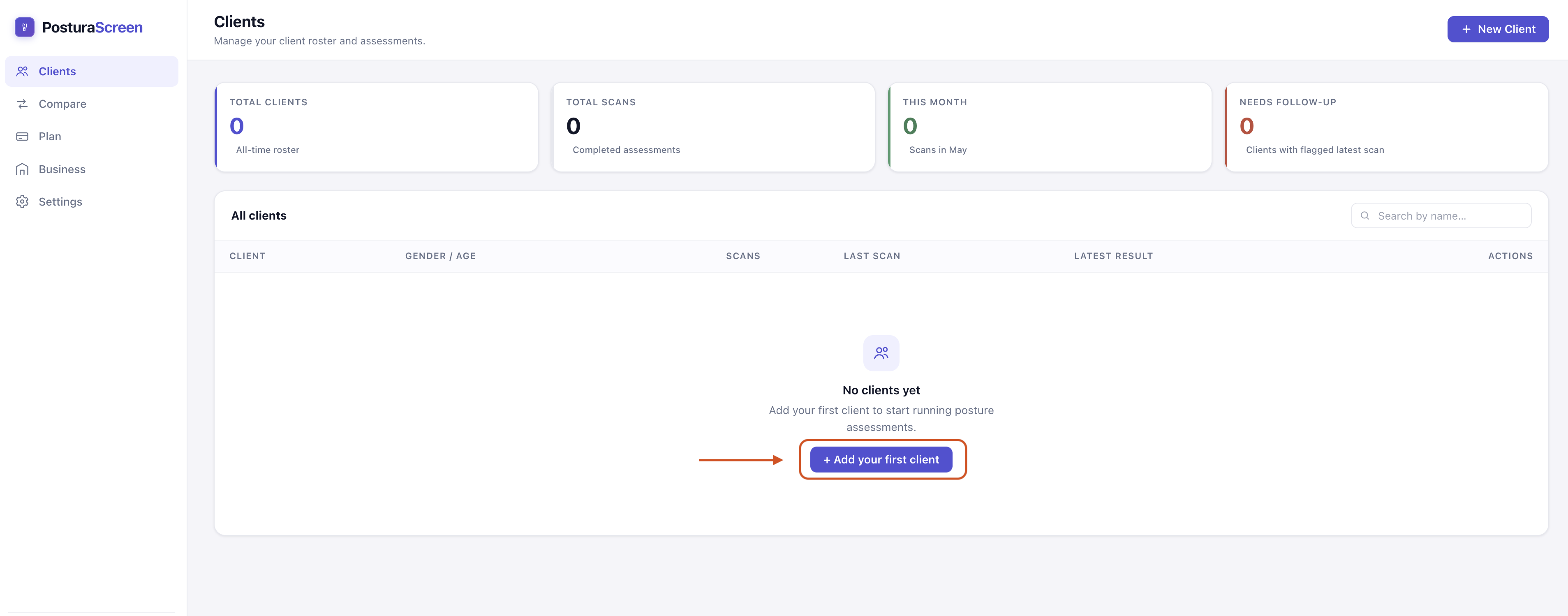 PosturaScreen New Client modal with Name, Gender, and Age fields