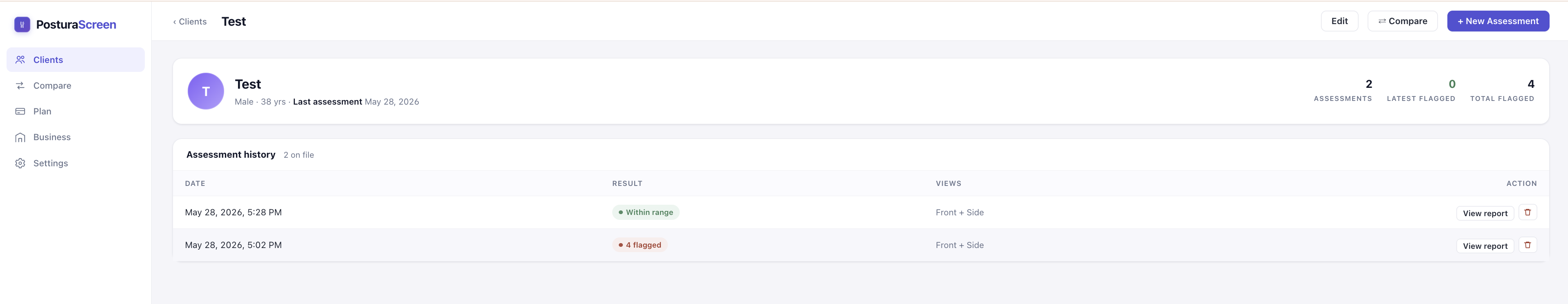 Client profile page with assessment history and toolbar
