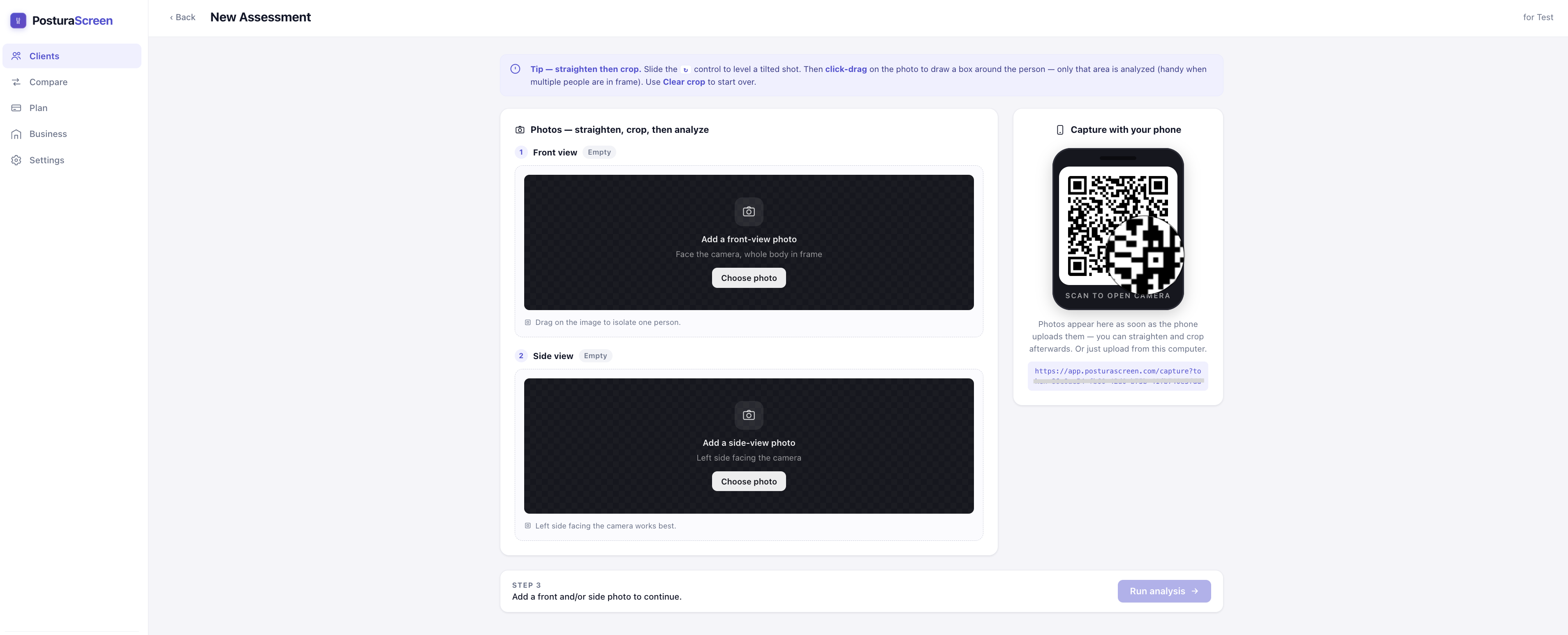 New Assessment screen — QR code on the right, photo upload slots on the left