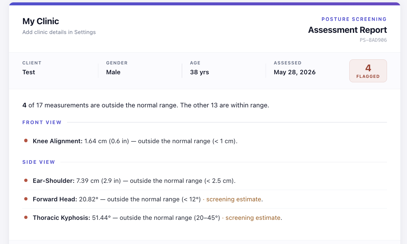 PosturaScreen assessment report, page 2 — flagged-metrics summary with one-line explanations